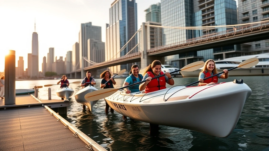 Diverse group of adult paddlers launching premium kayaks from Brooklyn waterfront dock, modern urban skyline background, professional outdoor photography, golden hour lighting, lifestyle corporate imagery