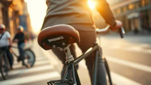 Professional cyclist riding vintage steel bicycle with brown leather Brooks saddle in urban environment, golden hour lighting, sharp focus on saddle craftsmanship details, motion blur background