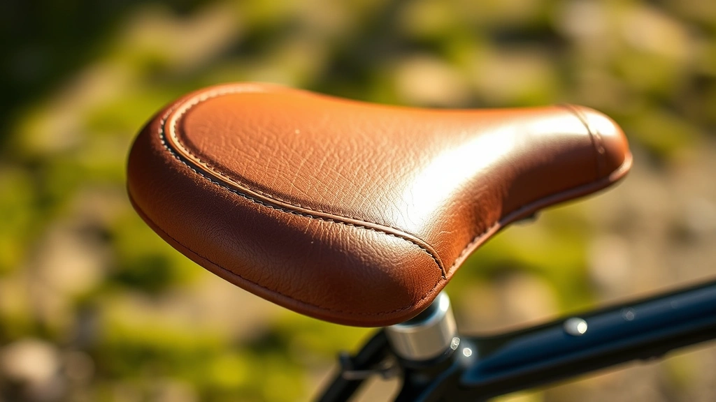 Close-up detail of premium leather Brooks saddle texture and stitching, natural sunlight highlighting patina development, mounted on bicycle frame, professional product photography style