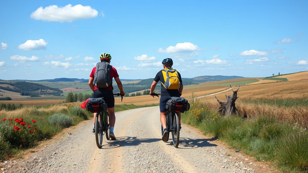 Long-distance touring cyclist on gravel road through scenic countryside, backpack loaded, demonstrating saddle comfort during extended ride, adventure cycling context, natural landscape background