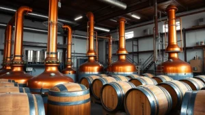 Caribbean rum distillery facility with copper stills and wooden aging barrels in professional industrial setting, Dominican production heritage aesthetic, daylight photography
