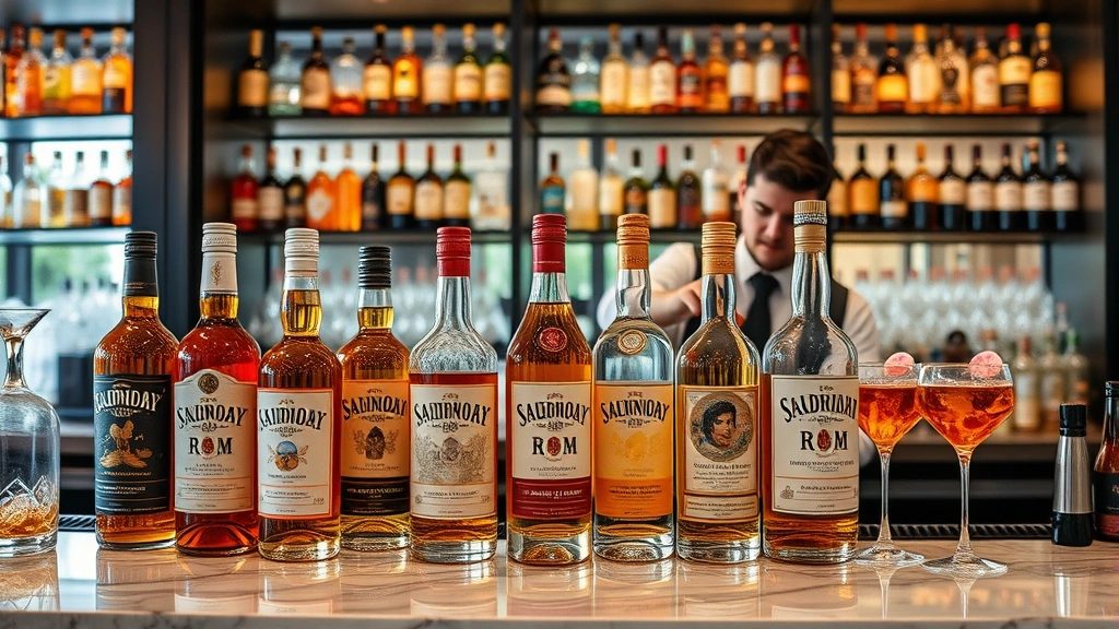 Premium rum bottles displayed on upscale bar counter with professional bartender preparing craft cocktails, luxury spirits retail environment, sophisticated ambiance