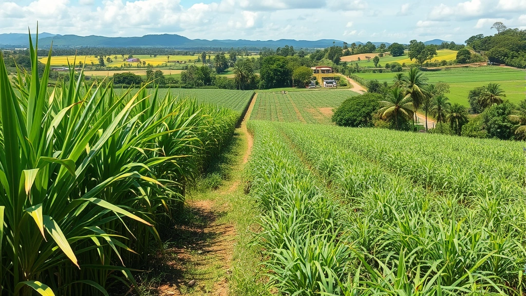 Sugarcane fields in Dominican Republic landscape with production workers during harvest, agricultural heritage and sustainability focus, authentic Caribbean scenery