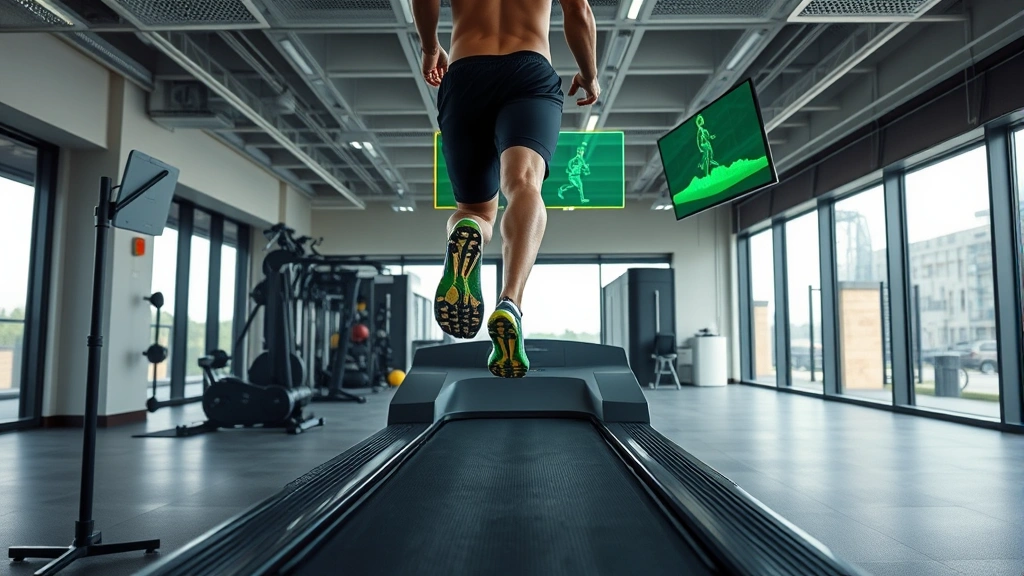 Professional running gait analysis session in modern sports facility, runner on treadmill with motion capture technology, overhead view showing foot strike pattern, clinical athletic setting, natural lighting