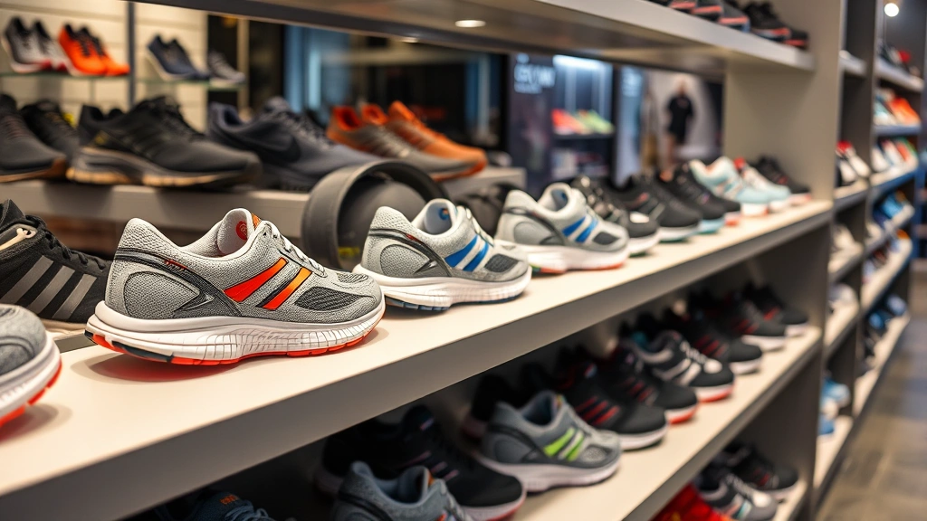 Premium running shoe collection displayed on sleek shelving unit, various shoe models showing different cushioning technologies and materials, retail athletic store environment, professional product photography