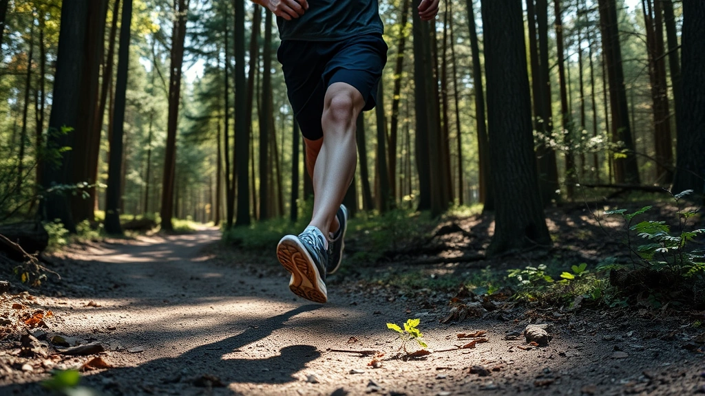 Runner in athletic wear testing shoes on forest trail, natural outdoor running environment, motion captured mid-stride on varied terrain, dappled sunlight through trees, dynamic athletic movement