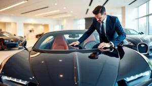 Executive in modern luxury automotive showroom examining Bugatti emblem on vehicle hood, professional business attire, contemporary dealership interior with minimalist design