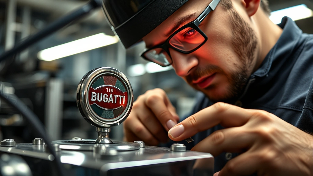 Close-up of precision engineering workshop with Bugatti badge component manufacturing, skilled technician inspecting metal logo piece under professional lighting, industrial craftsmanship