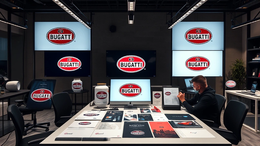 Luxury automotive design studio with multiple Bugatti logo variations displayed on digital screens and physical samples, designers collaborating around brand identity materials, modern creative workspace