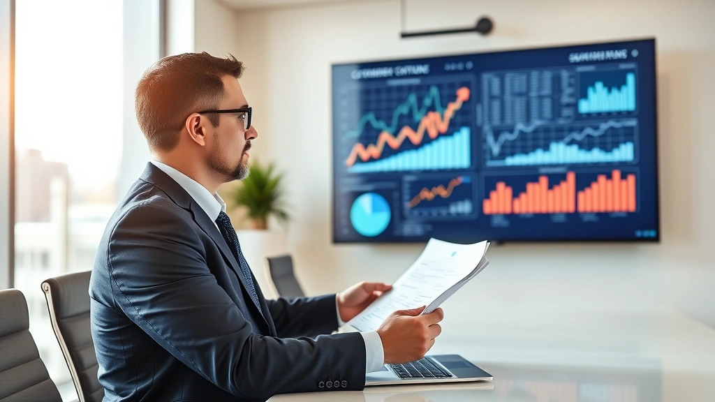 Professional male executive in modern conference room reviewing growth charts and strategic documents on large display screen, natural lighting from floor-to-ceiling windows, corporate attire, focused analytical expression