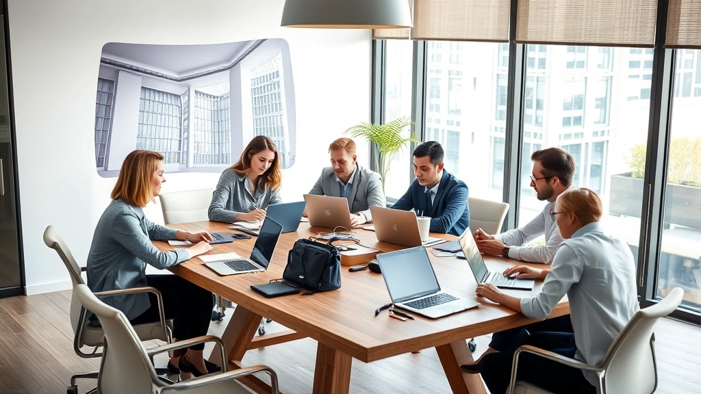 Diverse team of business professionals collaborating around contemporary wooden conference table with laptops and notebooks, engaged discussion, modern office environment with minimalist design, morning natural light