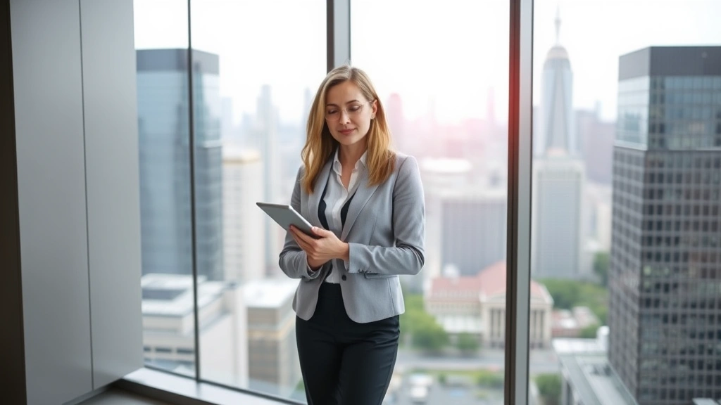 Female CEO or senior leader standing in sleek corporate office overlooking city skyline, professional business casual clothing, confident posture, holding tablet device, contemporary architecture visible in background