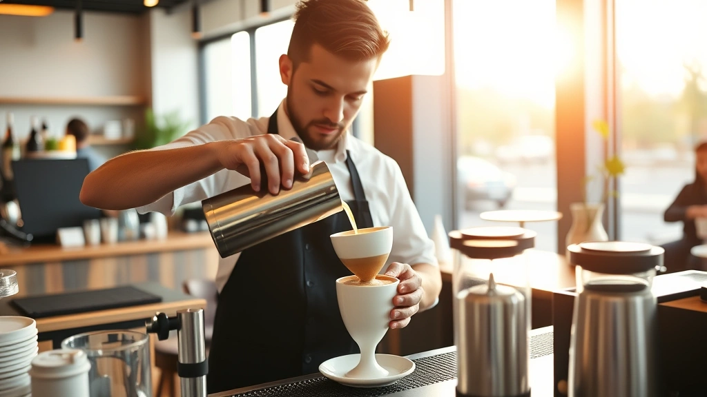 Professional barista carefully preparing specialty coffee drink in modern upscale café, precision pouring latte art into white ceramic cup, warm morning light through large windows, minimalist contemporary interior design