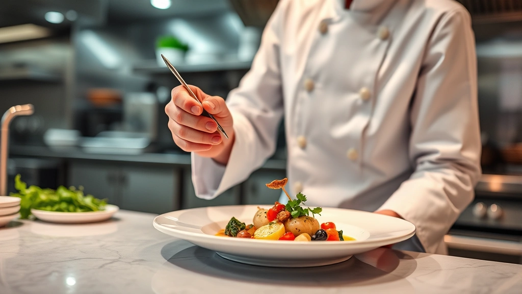 Executive chef in white chef's coat plating gourmet dish with tweezers in sophisticated restaurant kitchen, fresh herbs and artistic presentation, stainless steel counters and professional equipment visible in background