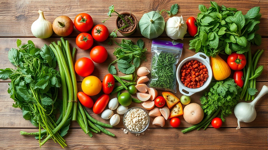 Sustainable farm-to-table ingredients arranged artfully on wooden surface, fresh organic vegetables herbs and specialty ingredients, natural lighting highlighting quality and freshness, rustic yet refined presentation