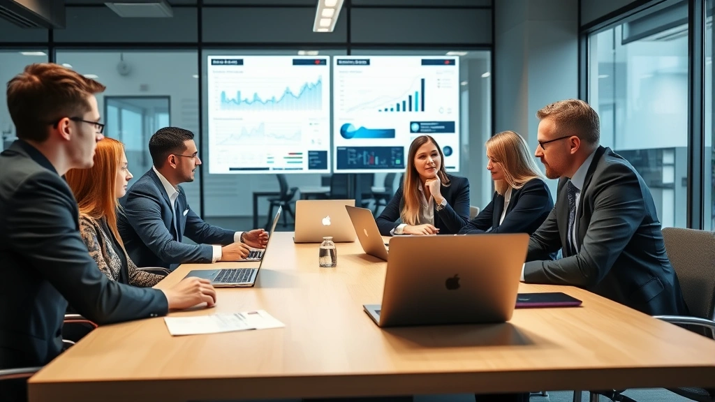 Professional business team in modern office conducting data analysis and strategy discussion around a conference table with laptops and analytics displays visible in background