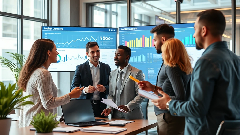 Diverse business team in contemporary office environment reviewing lead generation performance metrics and conversion data on large digital displays