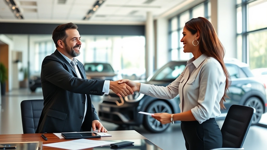 Customer shaking hands with automotive sales professional in dealership office, both smiling, paperwork and tablet visible on desk, professional business environment, natural daylight, successful transaction moment, diverse individuals representing modern dealership