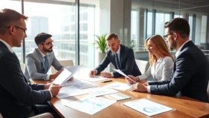 Professional executive team collaborating around modern conference table reviewing strategic documents and financial reports, natural lighting from floor-to-ceiling windows, corporate office setting