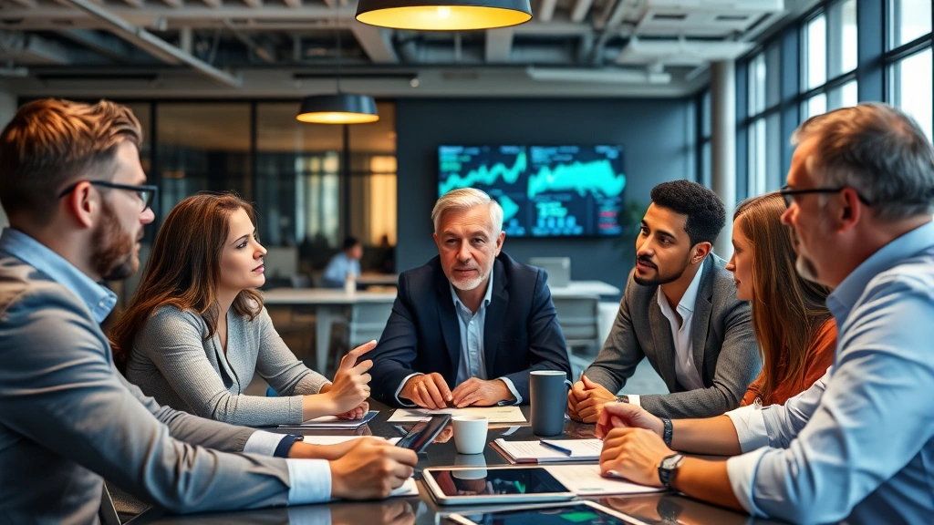Senior business leaders in discussion during strategy meeting, diverse team examining market data on digital screens, contemporary office environment with collaborative workspace design