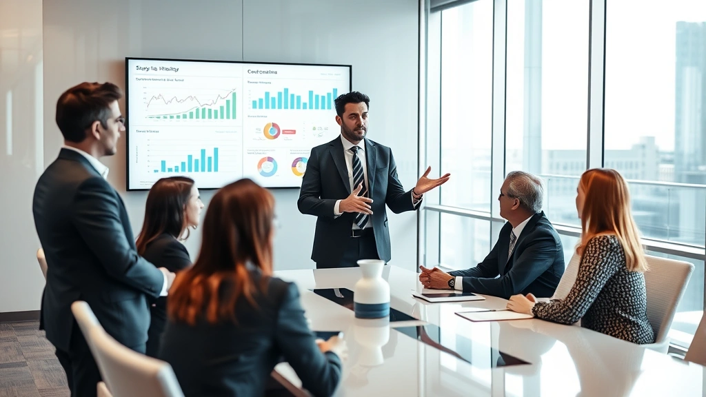 CEO presenting strategic insights to management team in modern boardroom, professional business attire, charts and analytics visible on wall displays, confident leadership moment