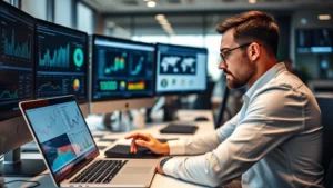 Professional business analyst reviewing company data on laptop screen in modern corporate office, serious expression, multiple monitors displaying business information dashboards