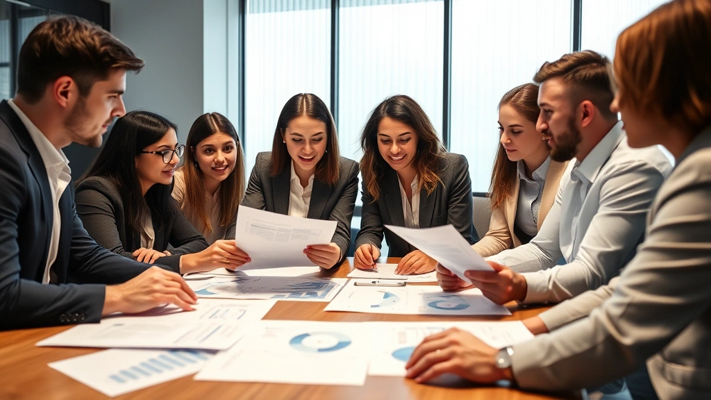 Diverse team of business professionals in meeting room analyzing documents and discussing company research, collaborative environment with charts and reports on table