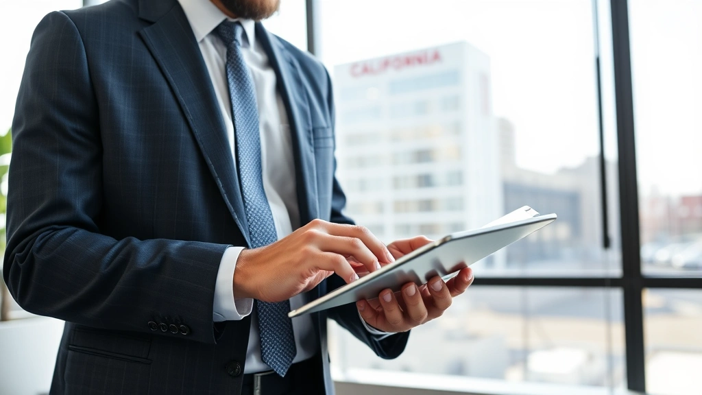 Business executive using tablet to verify company information, professional office setting with California state building visible through window in background