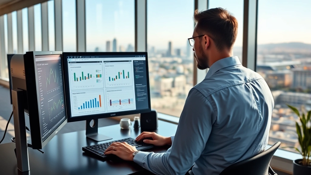 Professional business analyst using multiple computer monitors displaying analytics dashboards and data tables in a modern corporate office with California skyline visible through floor-to-ceiling windows