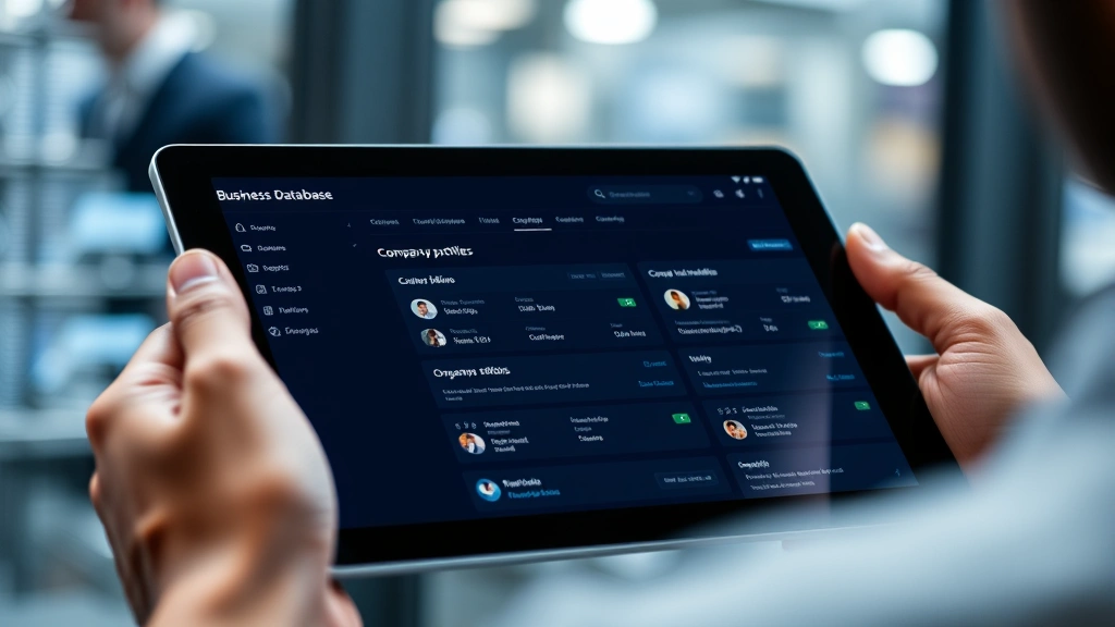 Close-up of hands holding tablet showing business database interface with company profiles, organizational charts, and search filters in a sleek tech environment