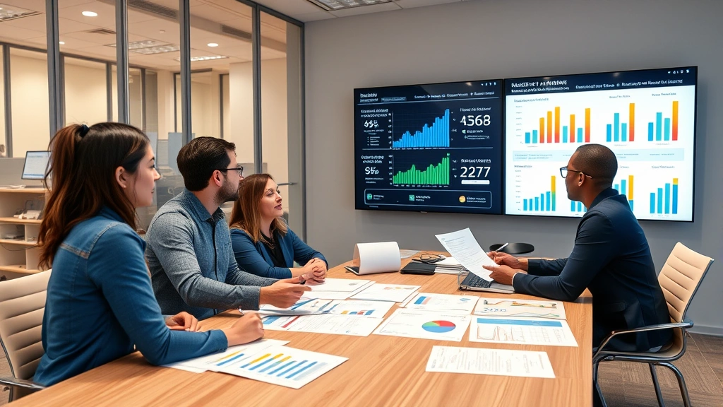 Diverse business team reviewing research findings and charts in a collaborative meeting room with digital displays showing California market data and company comparison metrics