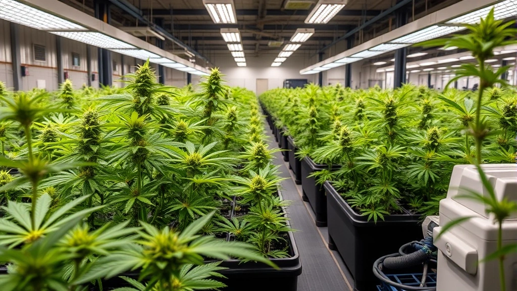 Professional cannabis cultivation facility with advanced hydroponic systems and LED grow lights, modern agricultural technology, clean industrial warehouse setting with quality control stations