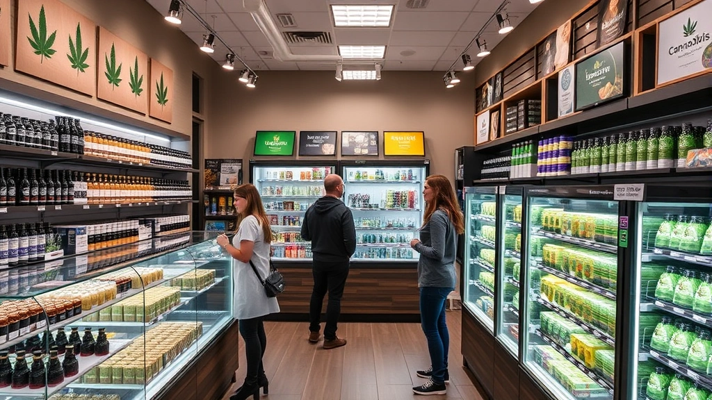 Diverse retail cannabis dispensary interior with product display cases, professional budtenders consulting with customers, modern store design with educational materials and compliance signage