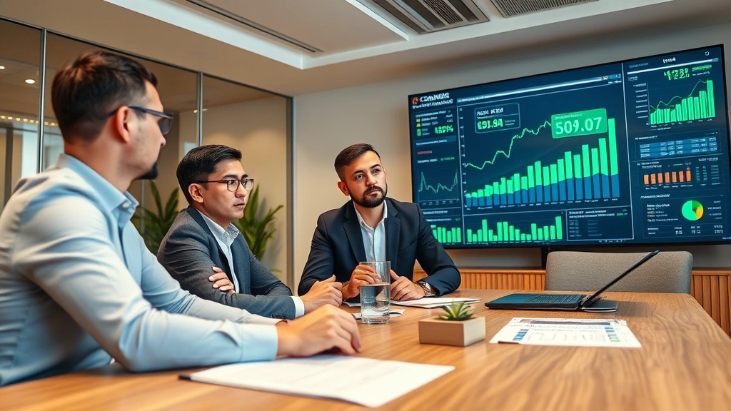 Cannabis business executives in conference room reviewing market data on digital displays, analyzing growth charts and competitive landscapes, professional corporate environment with strategic planning materials