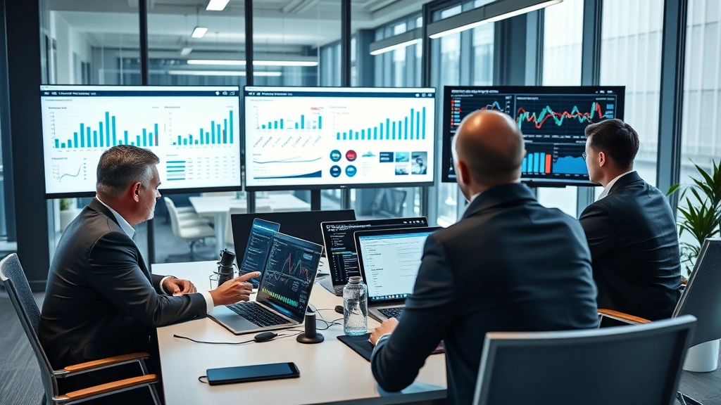 Professional business strategists in modern corporate office reviewing market analysis dashboards on multiple monitors, strategic planning meeting with executives analyzing competitive positioning data, collaborative team environment with data visualization displays
