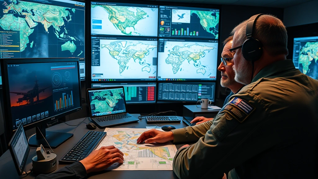 Experienced military strategist or operations commander studying tactical maps in secure operations center, team of specialists reviewing reconnaissance data and strategic intelligence on large display screens, professional environment showing advanced analytical capabilities and coordination
