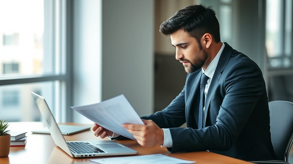 Professional businessman in business suit reviewing legal documents and contract papers at modern office desk with laptop, serious concentrated expression, natural window lighting, corporate environment