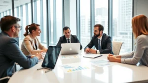 Professional business executives in modern conference room conducting competitive strategy meeting with laptop and financial charts visible on table, natural lighting from floor-to-ceiling windows