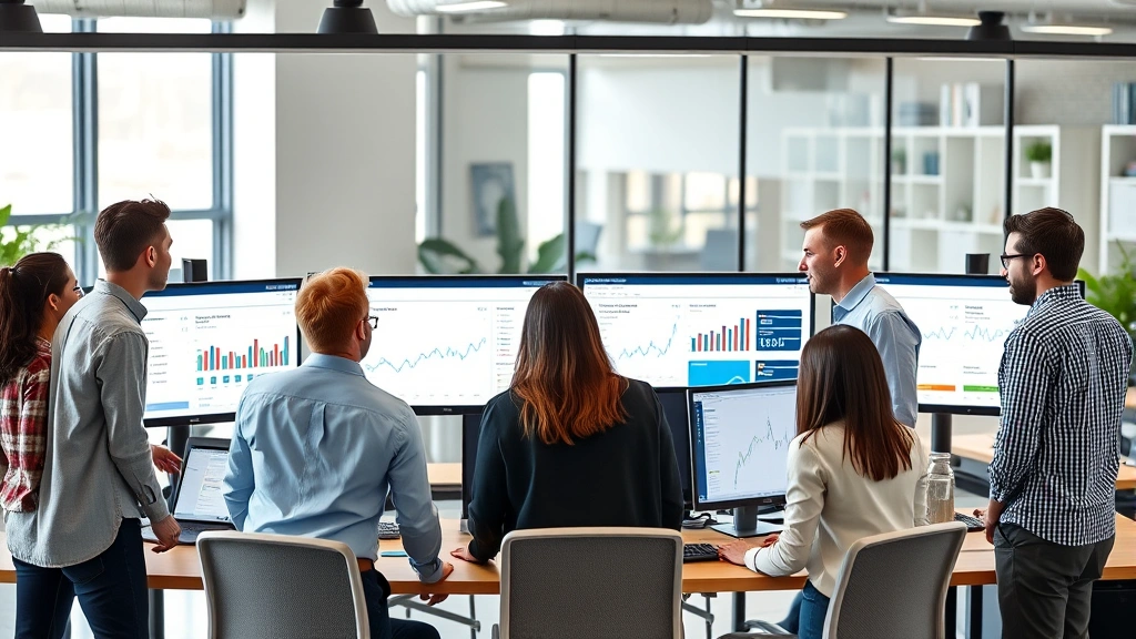 Diverse team of young professionals collaborating at standing desk with multiple monitors displaying analytics dashboards and market data in contemporary startup office environment