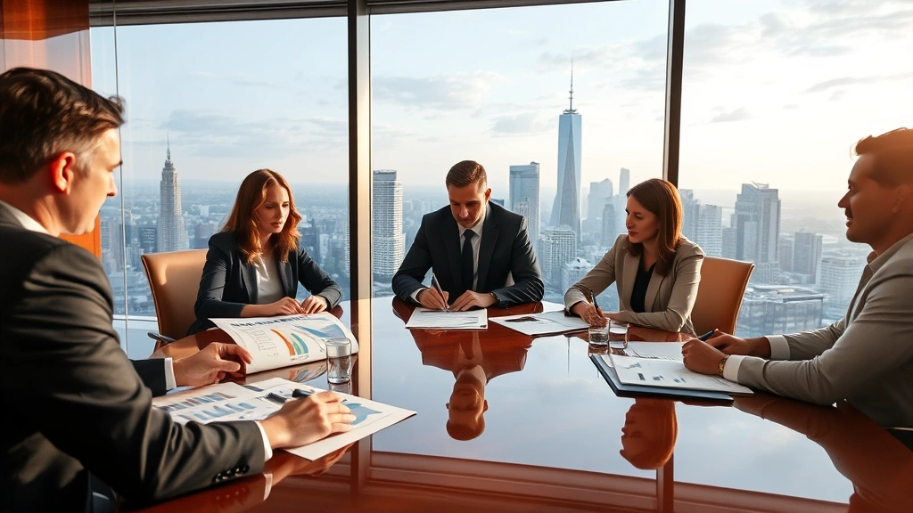 Corporate boardroom with executives reviewing competitive positioning charts and market analysis documents on polished table with city skyline visible through windows