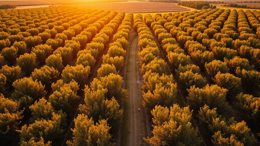 Overhead view of mature pecan orchard with trees in organized rows during golden hour, sunlight filtering through canopy, rich Louisiana landscape visible in background
