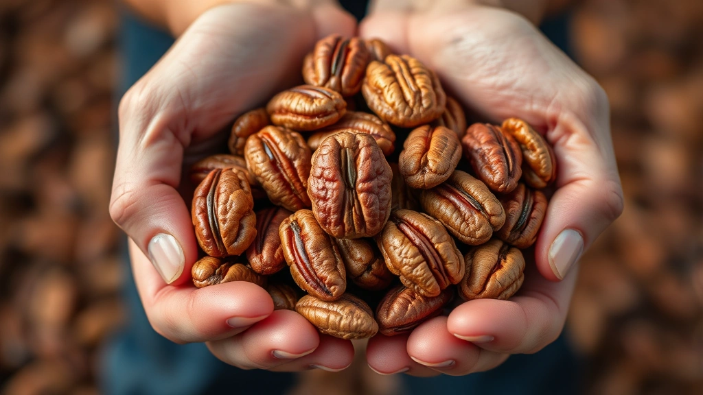 Close-up of hands holding freshly harvested premium pecans showing natural texture and color variation, professional quality lighting highlighting pecan details