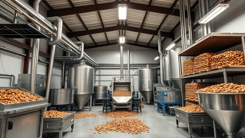 Modern agricultural facility interior showing pecan processing equipment, storage bins, and quality control workspace with professional industrial lighting