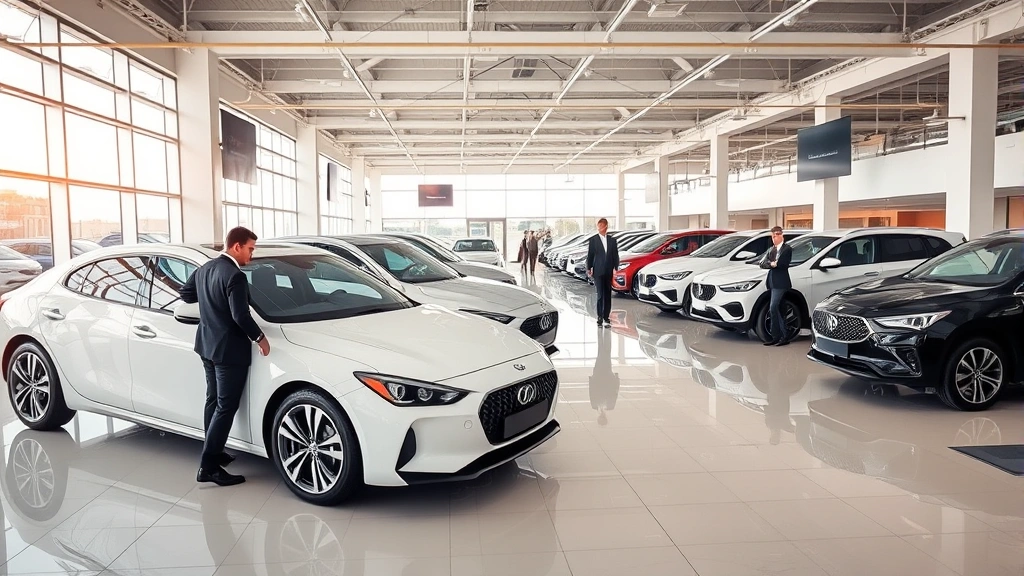 Professional automotive dealership showroom interior with modern vehicles displayed under bright lighting, professional staff assisting customers, clean polished floors, luxury brand vehicles, corporate environment