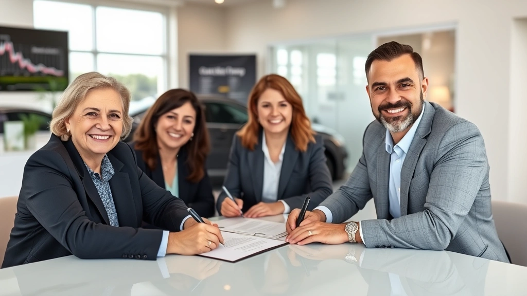 Satisfied customers signing documents at dealership desk with finance manager, professional office setting, paperwork and contract signing moment, business attire, confident expressions