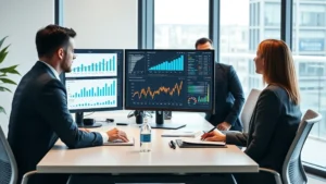 Professional executive team reviewing financial data and insurance analytics on modern office desk with multiple monitors displaying charts and graphs, contemporary corporate workspace setting
