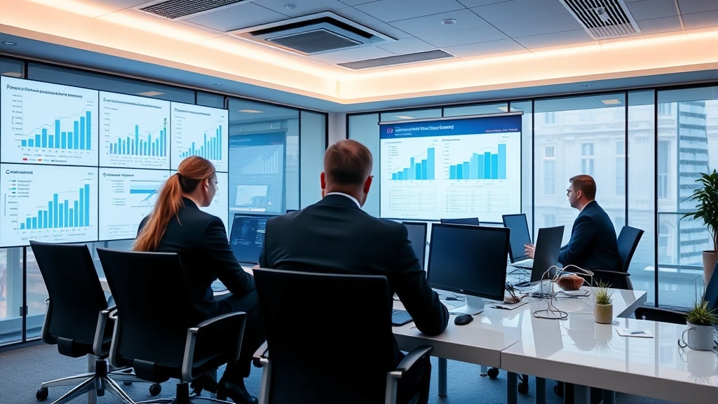 Corporate office environment showing modern risk management center with professionals collaborating on insurance strategies, charts and data visualizations visible on walls, sophisticated business atmosphere