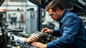 Professional automotive engineer examining Subaru boxer engine components in laboratory setting, precision tools visible, detailed mechanical focus
