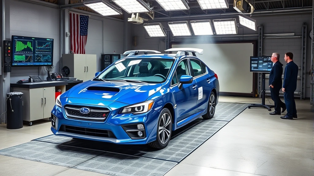 Professional safety testing facility with Subaru vehicle undergoing structural impact assessment, engineers monitoring data on screens, rigorous testing environment