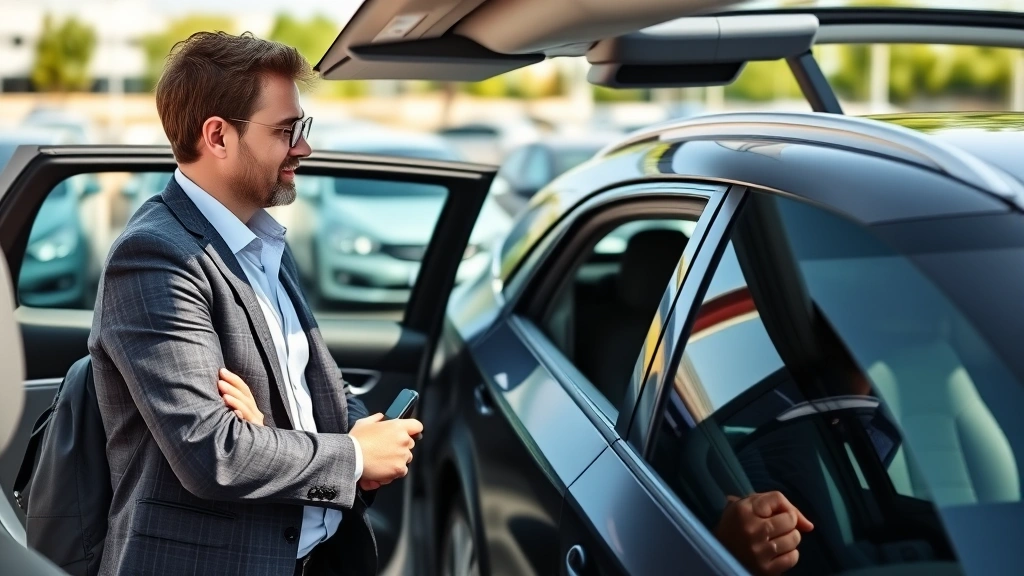 Professional business traveler inspecting modern rental car in bright natural daylight, examining vehicle exterior with confident posture, clean parking lot background with multiple vehicles visible